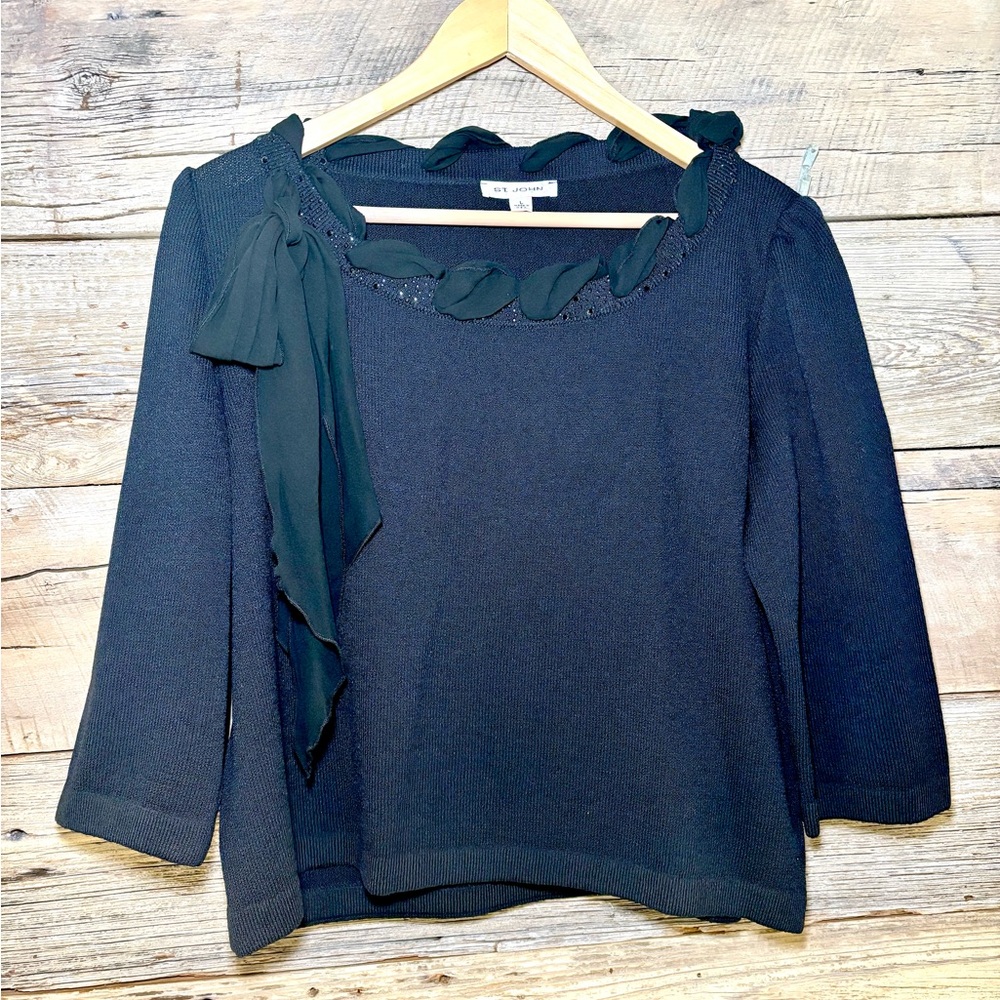 St. John Black Blouse with Boat Neck Ribbon Bow Detail sz Large